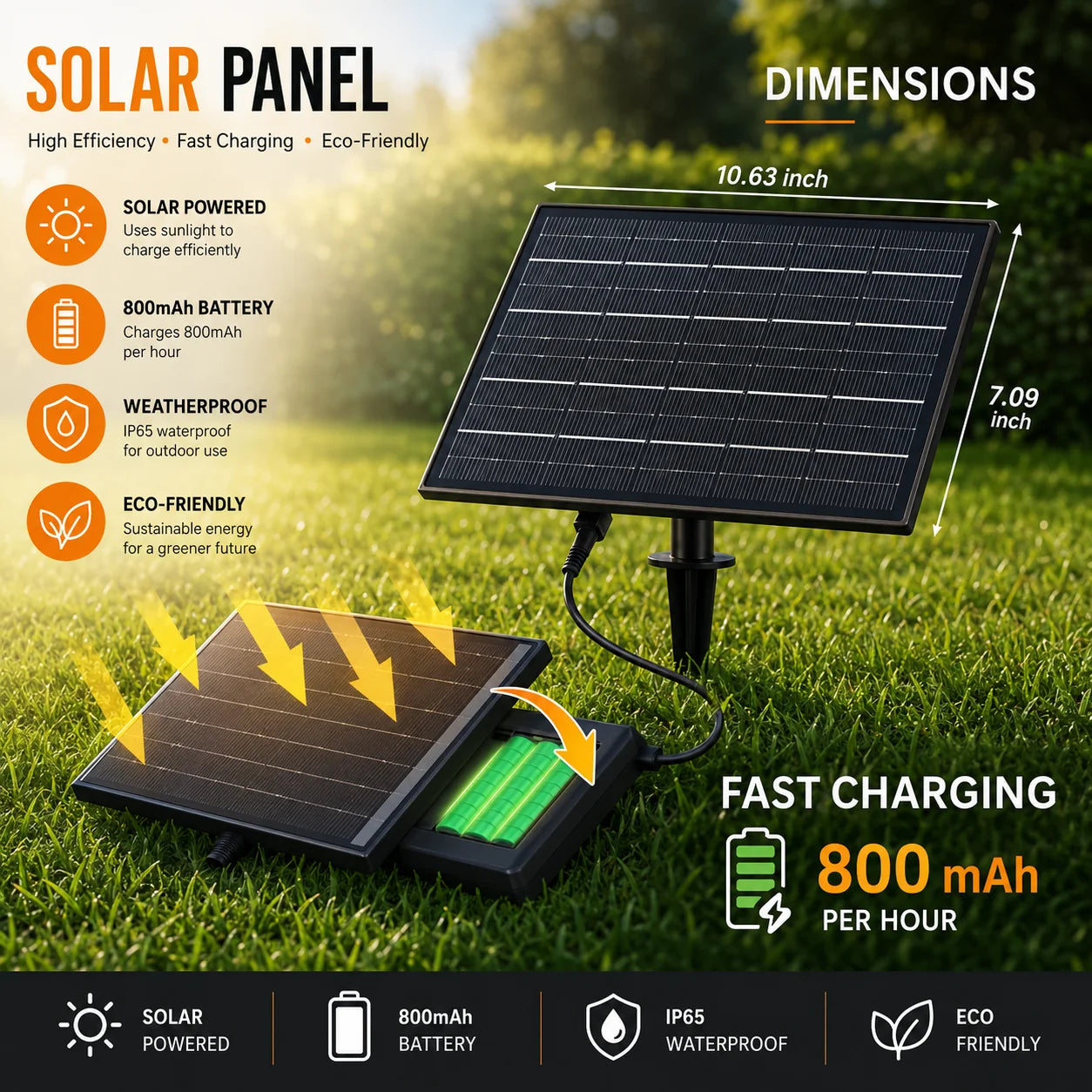 Solar panel: 10.63 by 7.09 inch, 800mAh battery charging per hour, IP65 weatherproof, eco-friendly