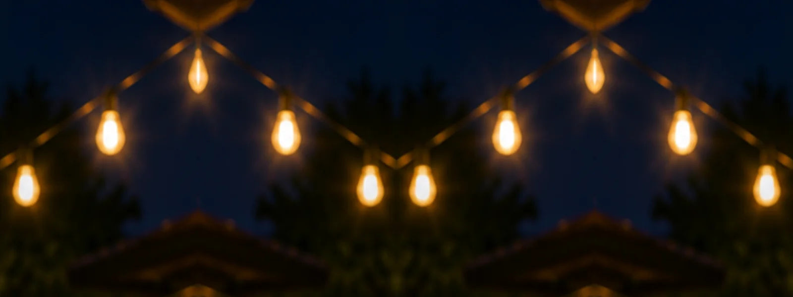 Small string-light bulbs glowing against a night sky