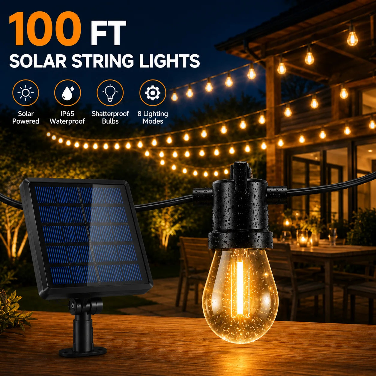 100 ft solar string lights with solar panel and remote