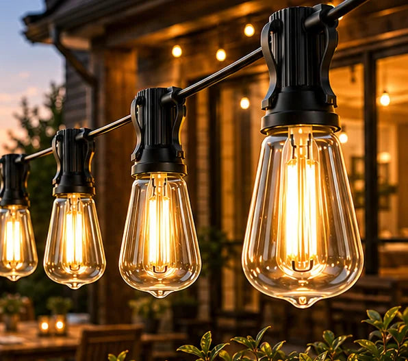 Strand lit over a backyard dinner table