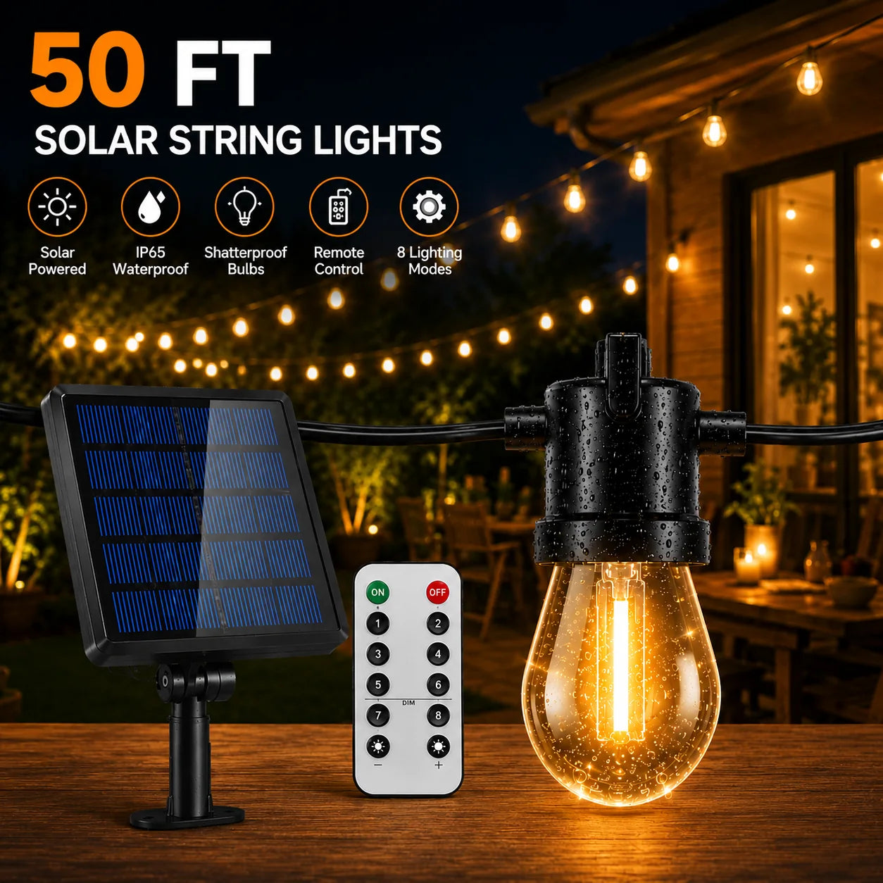 50 ft solar string lights with solar panel and remote