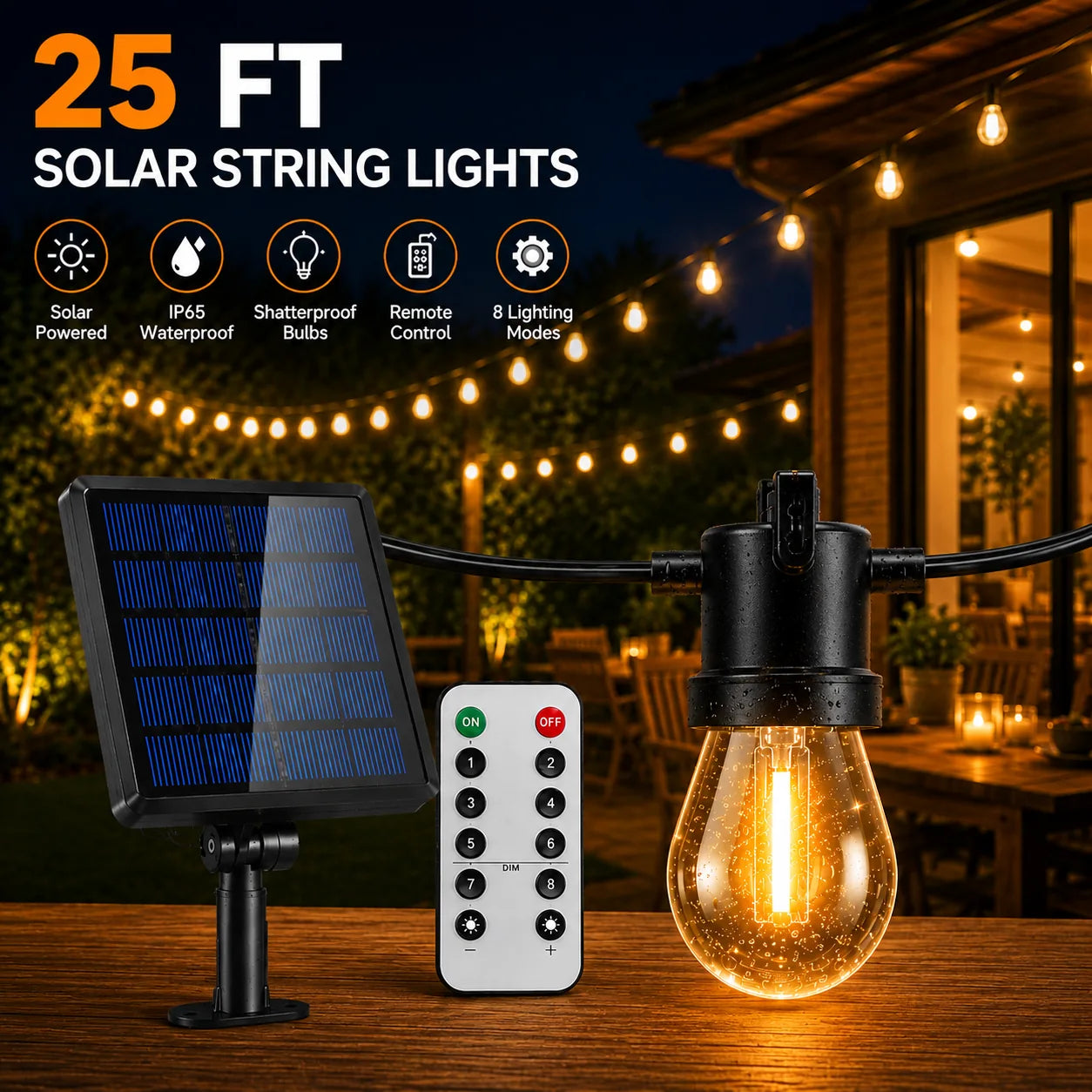 25 ft solar string lights with solar panel and remote