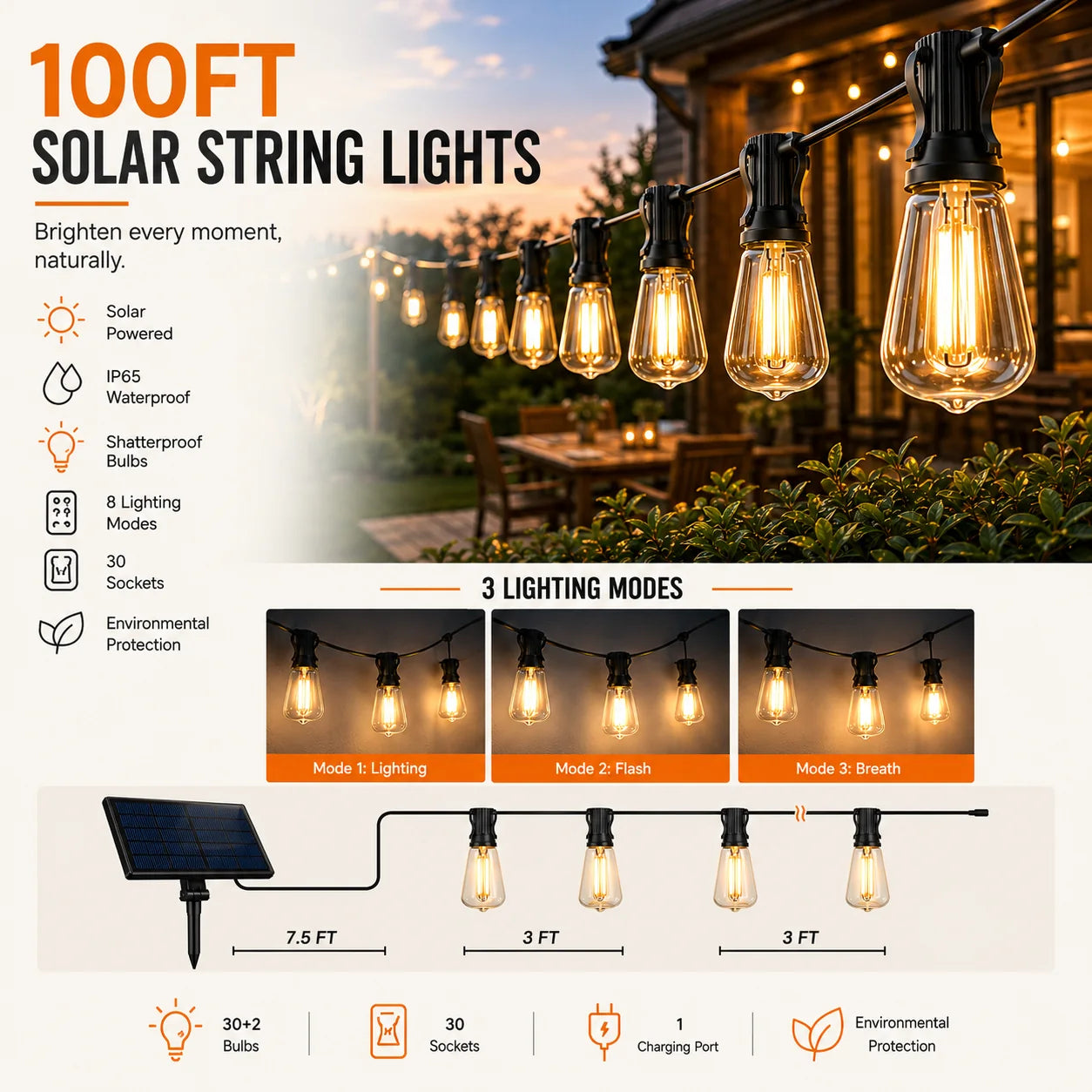 100FT solar string lights at night with panel and remote