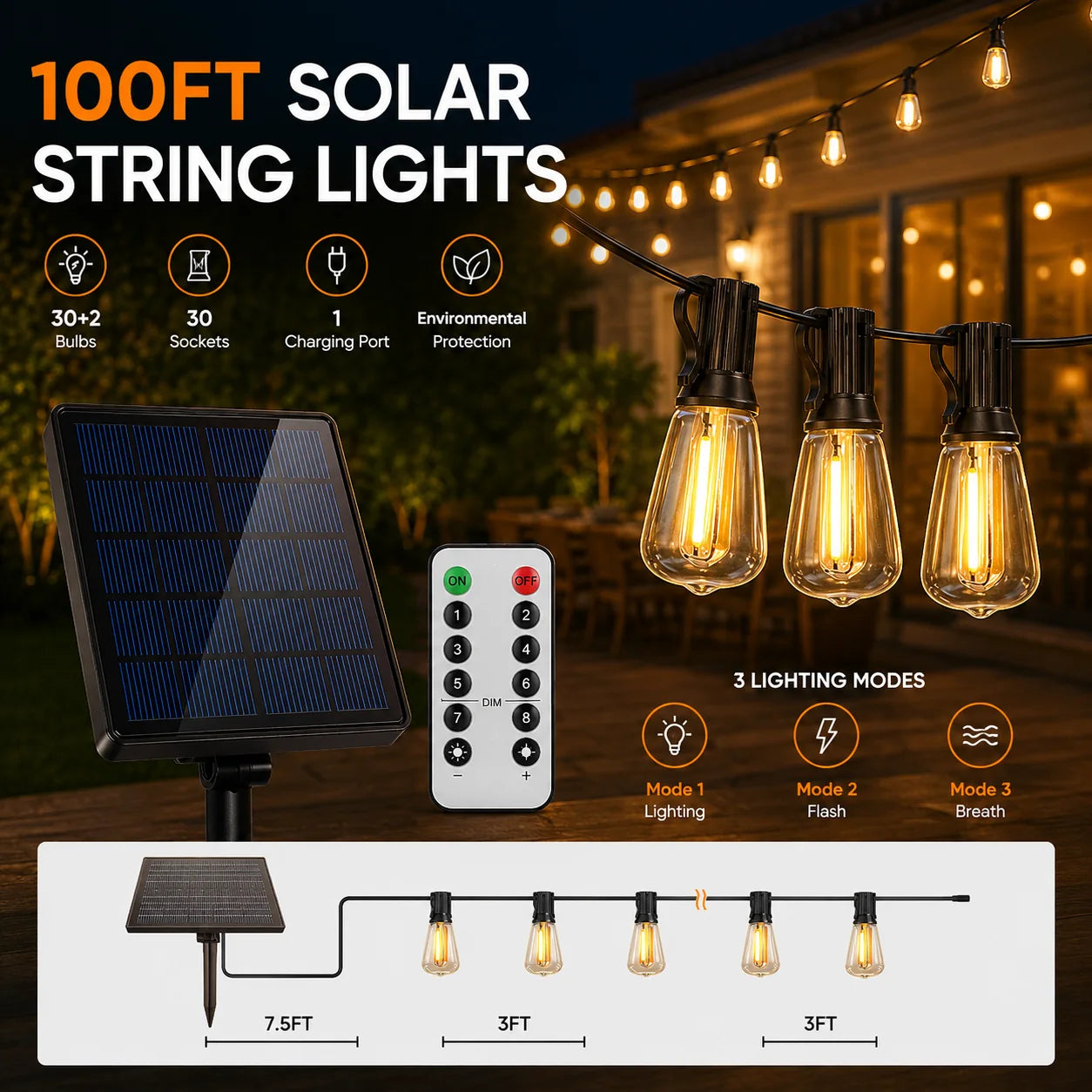 100FT spec overview: 30+2 bulbs, 30 sockets, IP65, 8 modes, bulb spacing