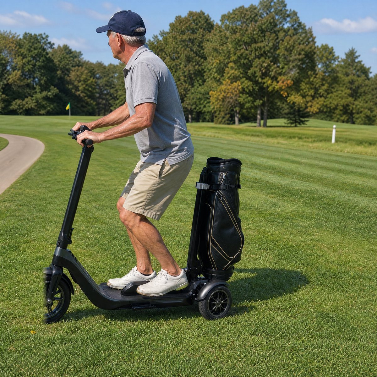 Golfer riding the Birdie Glide along a fairway